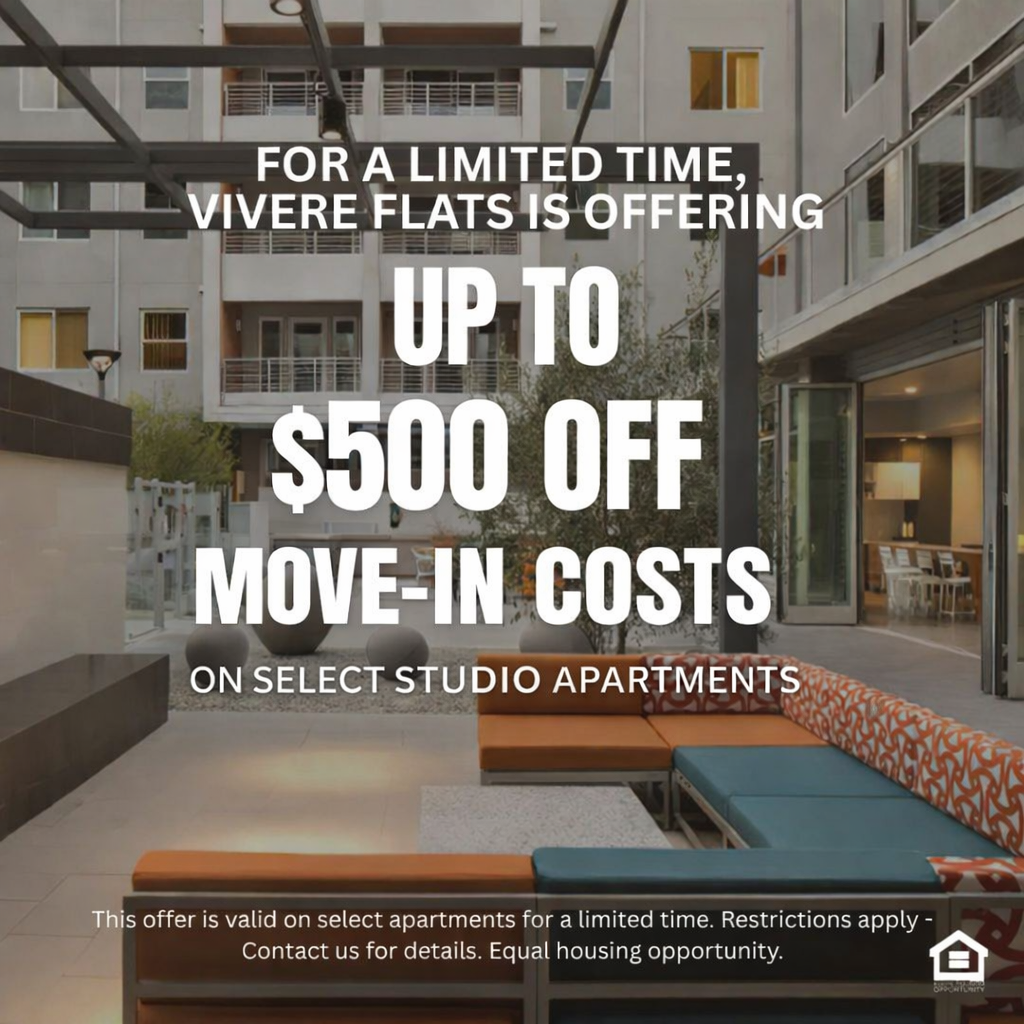 an outdoor couch in front of a fireplace text reads for a limited time Vivere Flats is offering up to $1,500 off move in costs on select homes This offer is valid on select apartments for a limited time. Restrictions apply - Contact us for details. Equal housing opportunity