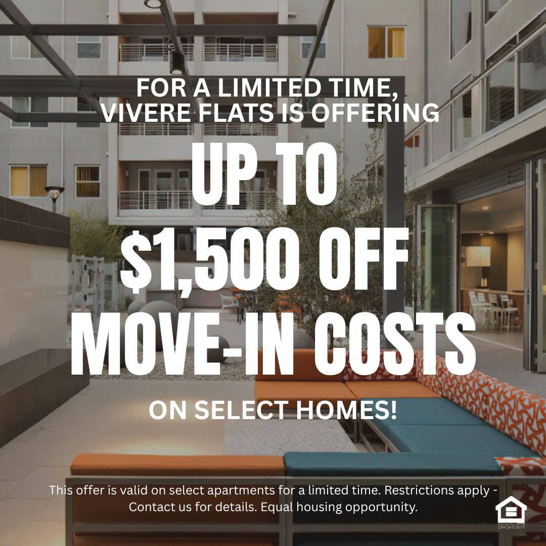 an outdoor couch in front of a fireplace text reads for a limited time Vivere Flats is offering up to $1,500 off move in costs on select homes This offer is valid on select apartments for a limited time. Restrictions apply - Contact us for details. Equal housing opportunity