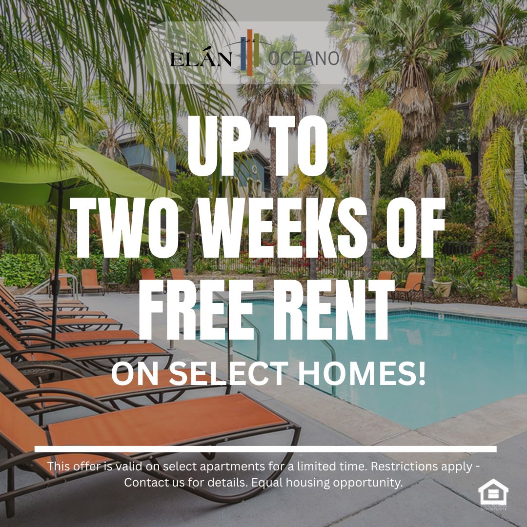 A serene pool area surrounded by lush greenery and tropical palm trees text reads up to two weeks of free rent on select homes This offer is valid on select apartments for a limited time Restrictions apply Contact us for details Equal housing opportunity