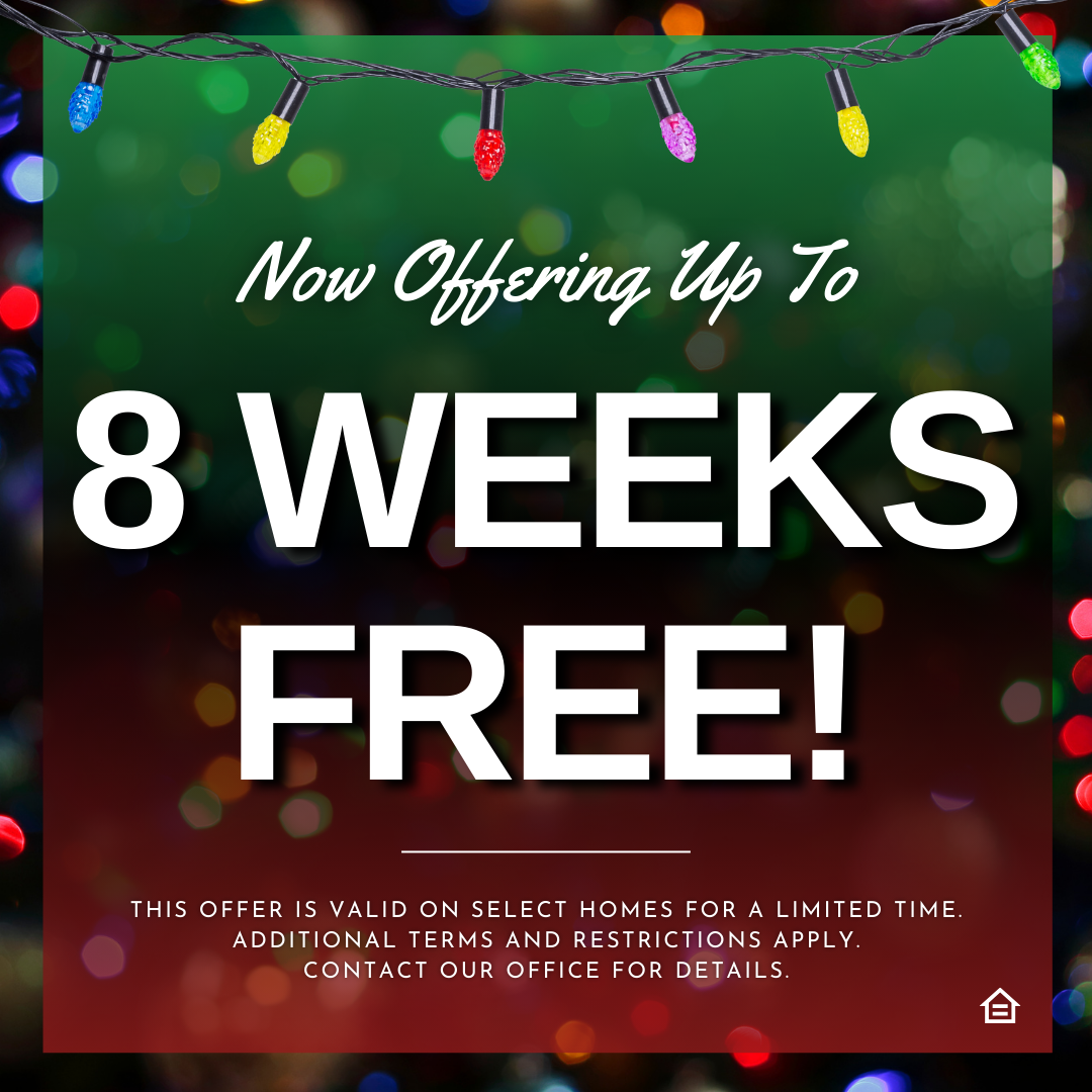 Holiday-themed promotional graphic with colorful string lights across the top and a blurred background of festive lights. Large bold text in the center reads ‘8 Weeks Free!’ with smaller text above saying ‘Now Offering.’ Fine print at the bottom notes that the offer applies to select homes for a limited time and that terms and restrictions apply.