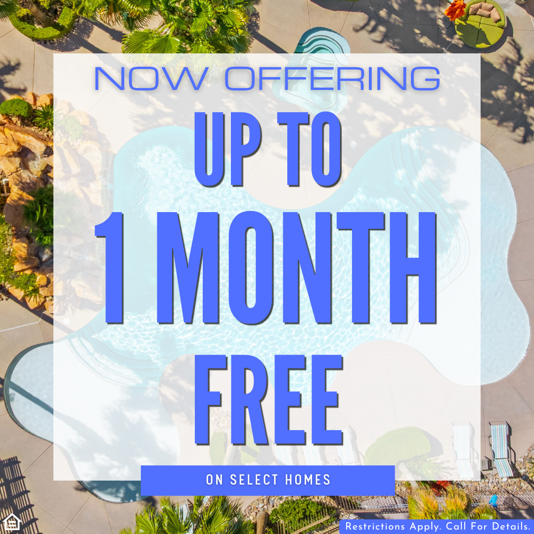 Promotional graphic showing an aerial view of a resort-style swimming pool surrounded by palm trees and lounge chairs, overlaid with a translucent white box containing blue text that reads: “Now Offering Up to 1 Month Free” and a banner below stating “On Select Homes.” Small text in the bottom corner notes, “Restrictions apply. Call for details.”