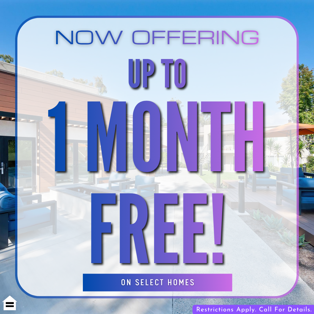 Promotional graphic overlaid on a bright outdoor apartment lounge area featuring blue chairs and a fire pit. A large white box with rounded corners contains gradient blue and purple text reading: "NOW OFFERING UP TO 1 MONTH FREE! ON SELECT HOMES". Small text at the bottom right reads "Restrictions Apply. Call For Details." and an Equal Housing Opportunity logo is in the bottom left corner.