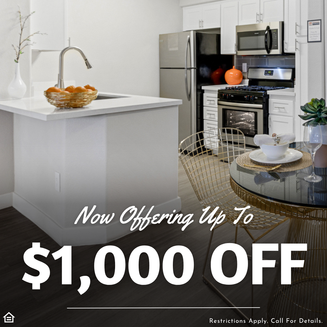 Modern apartment kitchen with stainless steel appliances, white cabinetry, and a small island topped with a basket of oranges. A glass dining table with gold wire chairs is set with dishes in the foreground. Overlaid text reads: “Now Offering Up To $1,000 OFF.” Small print at the bottom says “Restrictions Apply. Call For Details.”