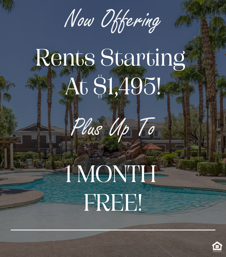 Swimming pool with water feature. The text on the image says, "Now offering rents starting at $1,495 plus up to 1 month free!"