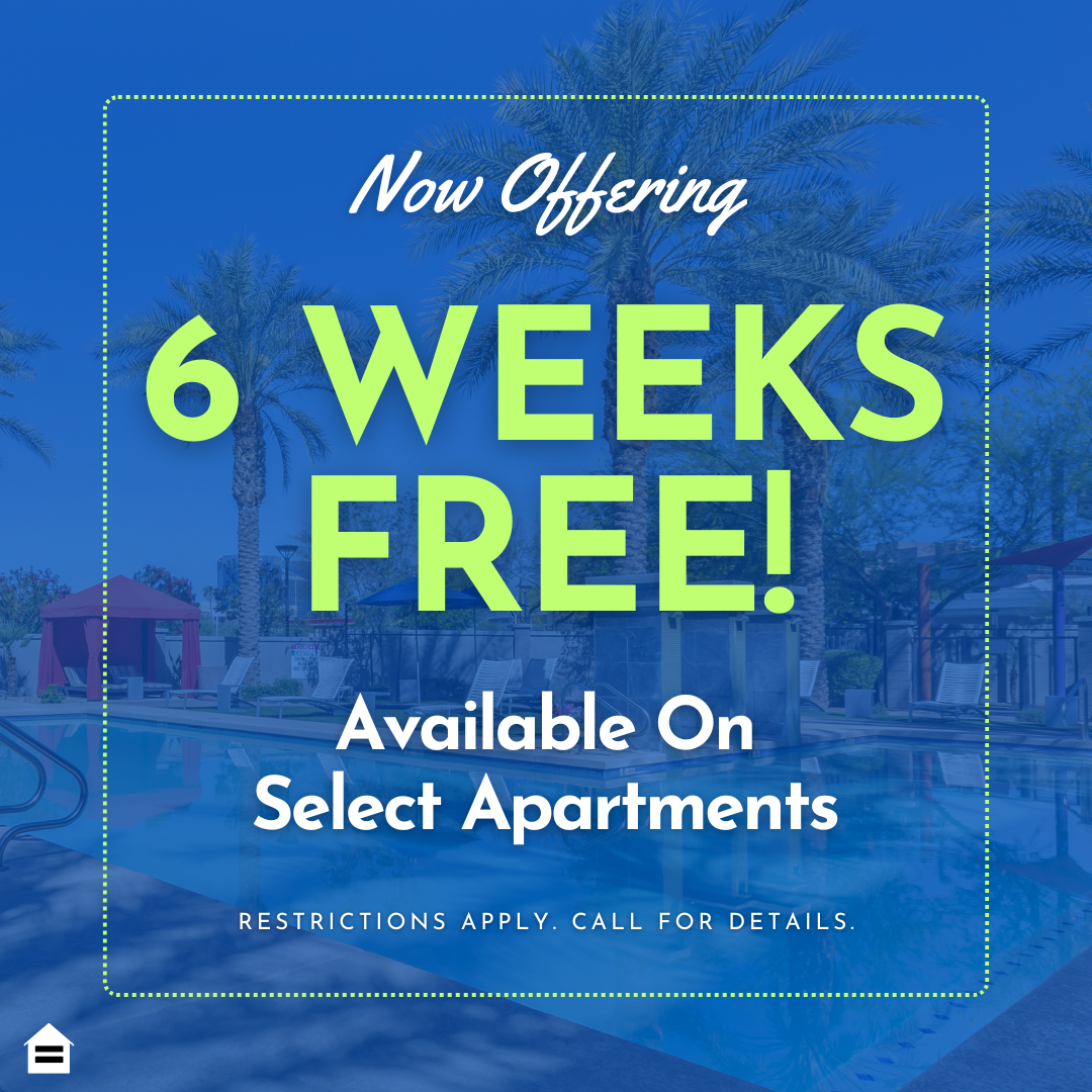 Promotional graphic with a blue-tinted background showing an apartment swimming pool area with palm trees and lounge chairs. A bright green dashed line borders the text. White cursive text at the top reads "Now Offering". Large bright green text in the center says "6 WEEKS FREE!". White text below that reads "Available On Select Apartments". Small text at the bottom says "RESTRICTIONS APPLY. CALL FOR DETAILS." with an Equal Housing Opportunity logo in the bottom left corner.