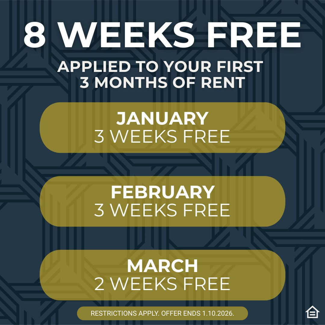 Promotional graphic reading “8 Weeks Free,” with rent credits applied over the first three months: January 3 weeks free, February 3 weeks free, and March 2 weeks free, with restrictions apply and offer ending 1.10.2026.