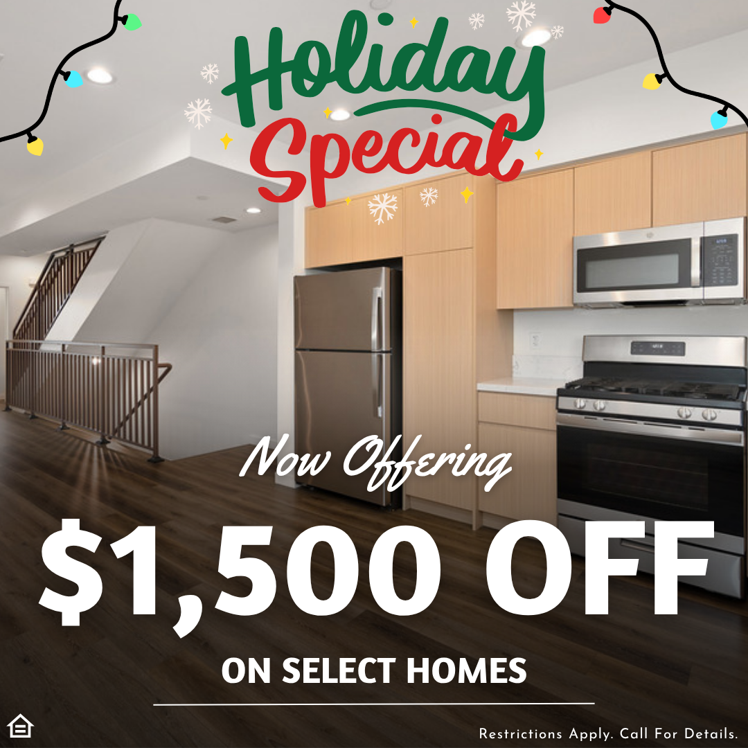 A holiday-themed apartment promo graphic showing a modern kitchen with light wood cabinets, stainless steel appliances, and dark hardwood floors. Festive string lights and snowflakes frame the top, with text reading “Holiday Special,” “Now Offering $1,500 OFF on select homes,” and a small disclaimer at the bottom.