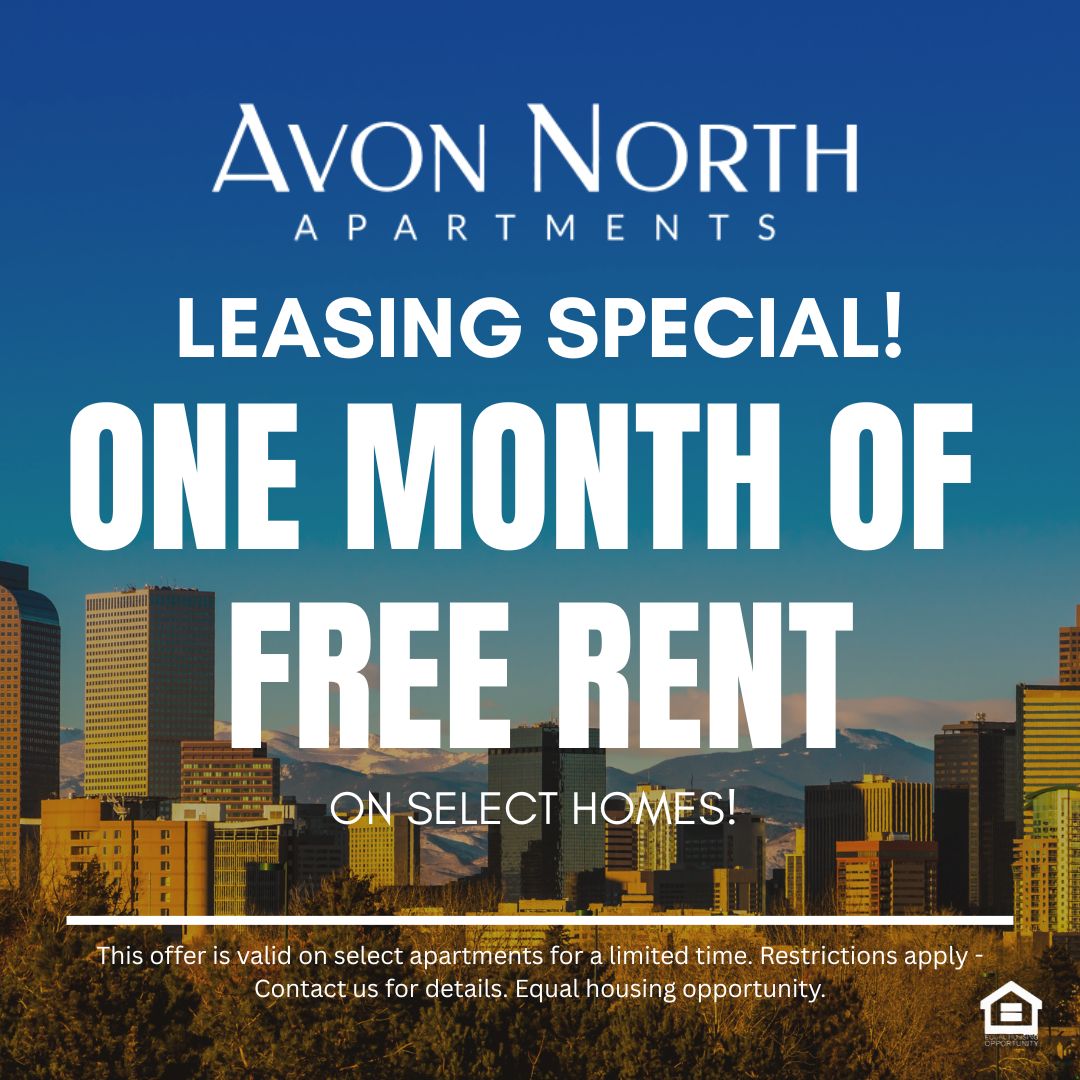Panoramic photo of downtown Denver Colorado at sunset with buildings and mountains in the background text reads leasing special one month of free rent on select homes This offer is valid on select apartments for a limited time Restrictions apply Contact us for details. Equal housing opportunity