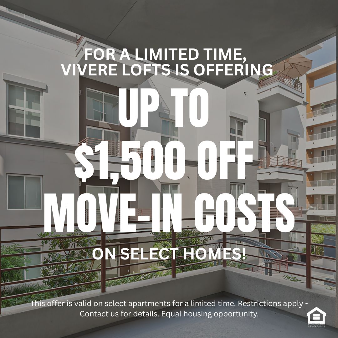 an empty balcony with the apartment building in the background text reads for a limited time Vivere Lofts is offering up to $1,500 off move in costs on select one bedroom homes This offer is valid on select apartments for a limited time. Restrictions apply - Contact us for details. Equal housing opportunity