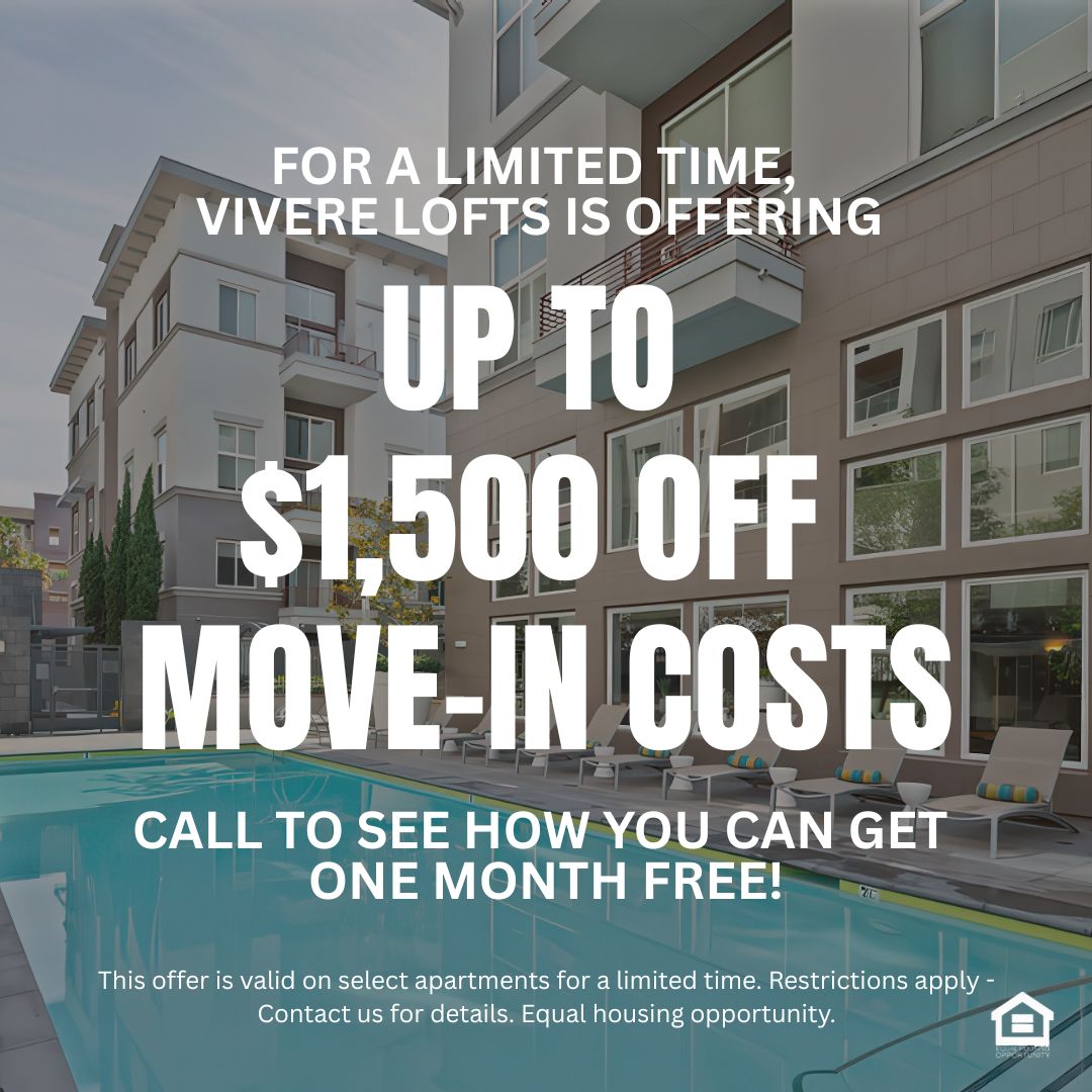 an empty balcony with the apartment building in the background text reads for a limited time Vivere Lofts is offering up to $1,500 off move in costs call to see how you can get one month free This offer is valid on select apartments for a limited time. Restrictions apply - Contact us for details. Equal housing opportunity