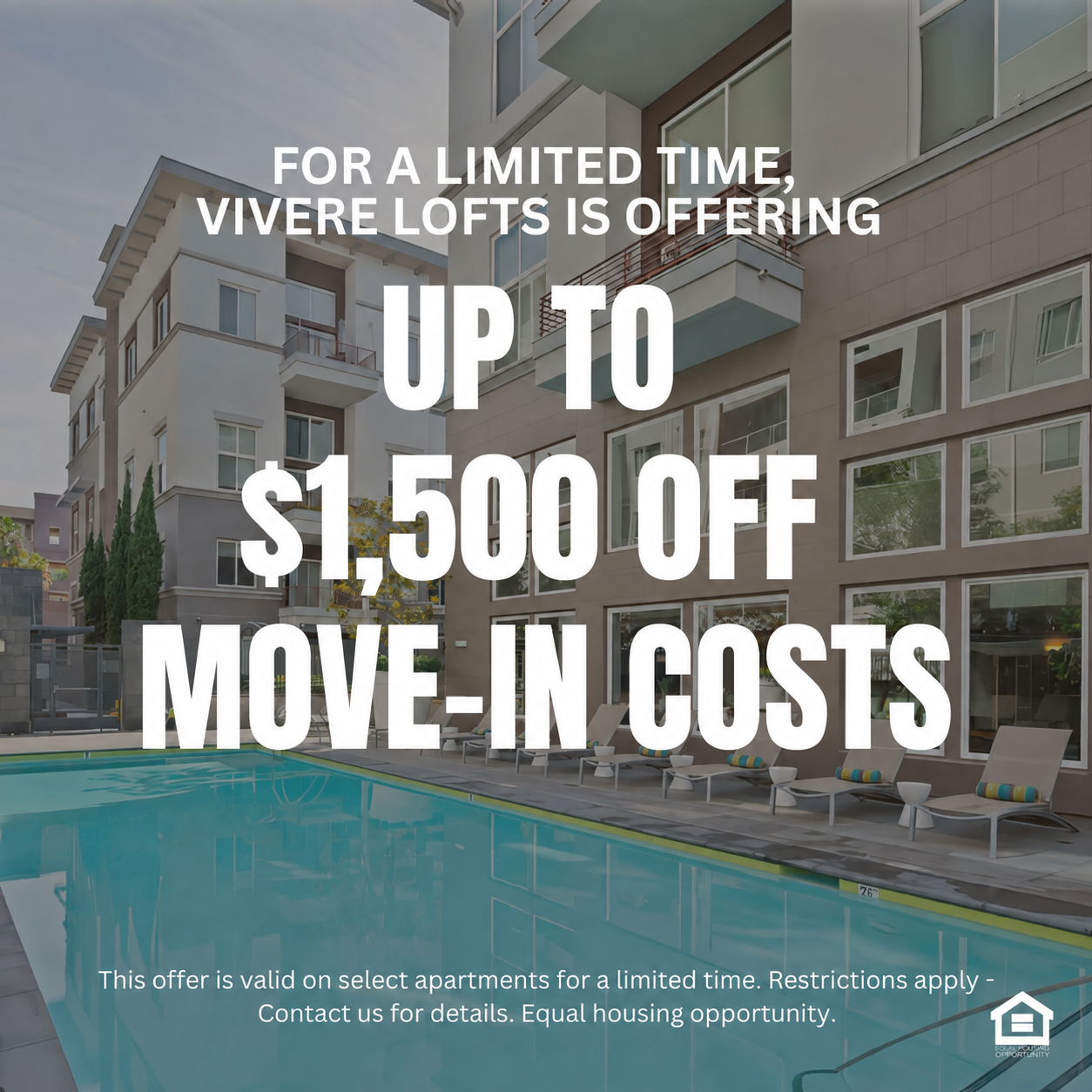 an empty balcony with the apartment building in the background text reads for a limited time Vivere Lofts is offering up to $1,500 off move in costs call to see how you can get one month free This offer is valid on select apartments for a limited time. Restrictions apply - Contact us for details. Equal housing opportunity