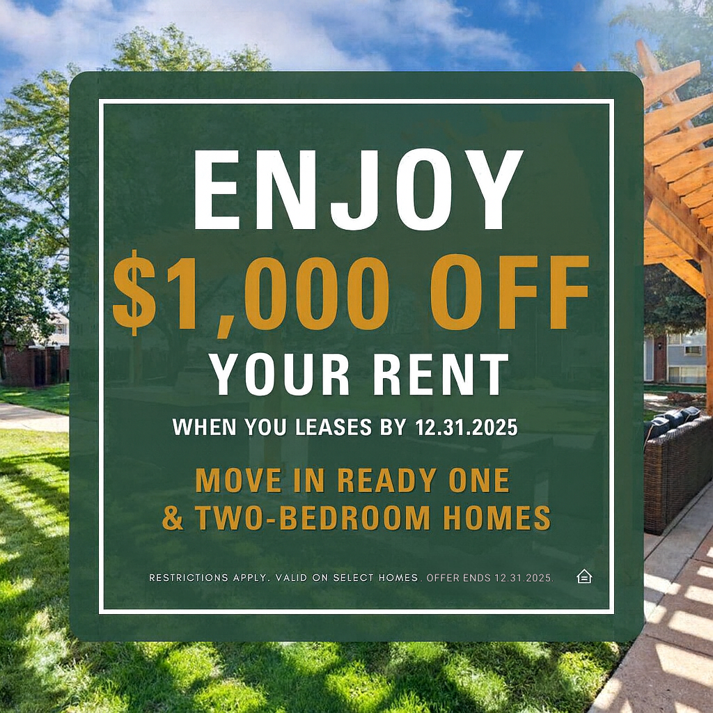 Green and gold promotional graphic placed over an outdoor courtyard image. Large text reads Enjoy 1,000 dollars off move in costs. Beneath it says When you lease by November 30, 2025. Additional text states Move in ready one and two bedroom homes. Small print along the bottom notes restrictions apply, valid on select homes, offer ends November 30, 2025. An Equal Housing Opportunity icon appears in the lower right corner.