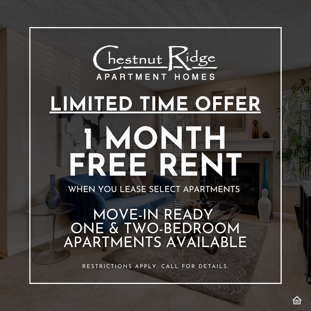 Graphic design pop-up image showing model apartment living room with overlay text that reads: Chestnut Ridge Apartment Homes Limited Time OFfer 1 month of free rent when you lease select apartments. Move-In ready one & two-bedroom apartments available. Restrictions apply. Call for details.