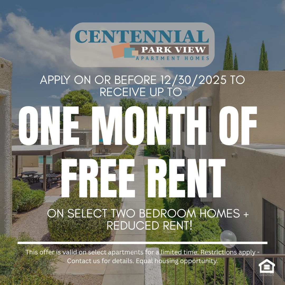 A peaceful courtyard scene featuring landscaped greenery and walking paths between two buildings The left side shows seating areas and a swimming pool in the background Bright blue sky with scattered clouds enhances the serene atmosphere text reads apply on or before 12/30/2025 to receive up to one month free of rent on select two bedroom homes plus reduced rent  This offer is valid on select apartments for a limited time Restrictions apply  Contact us for details Equal housing opportunity