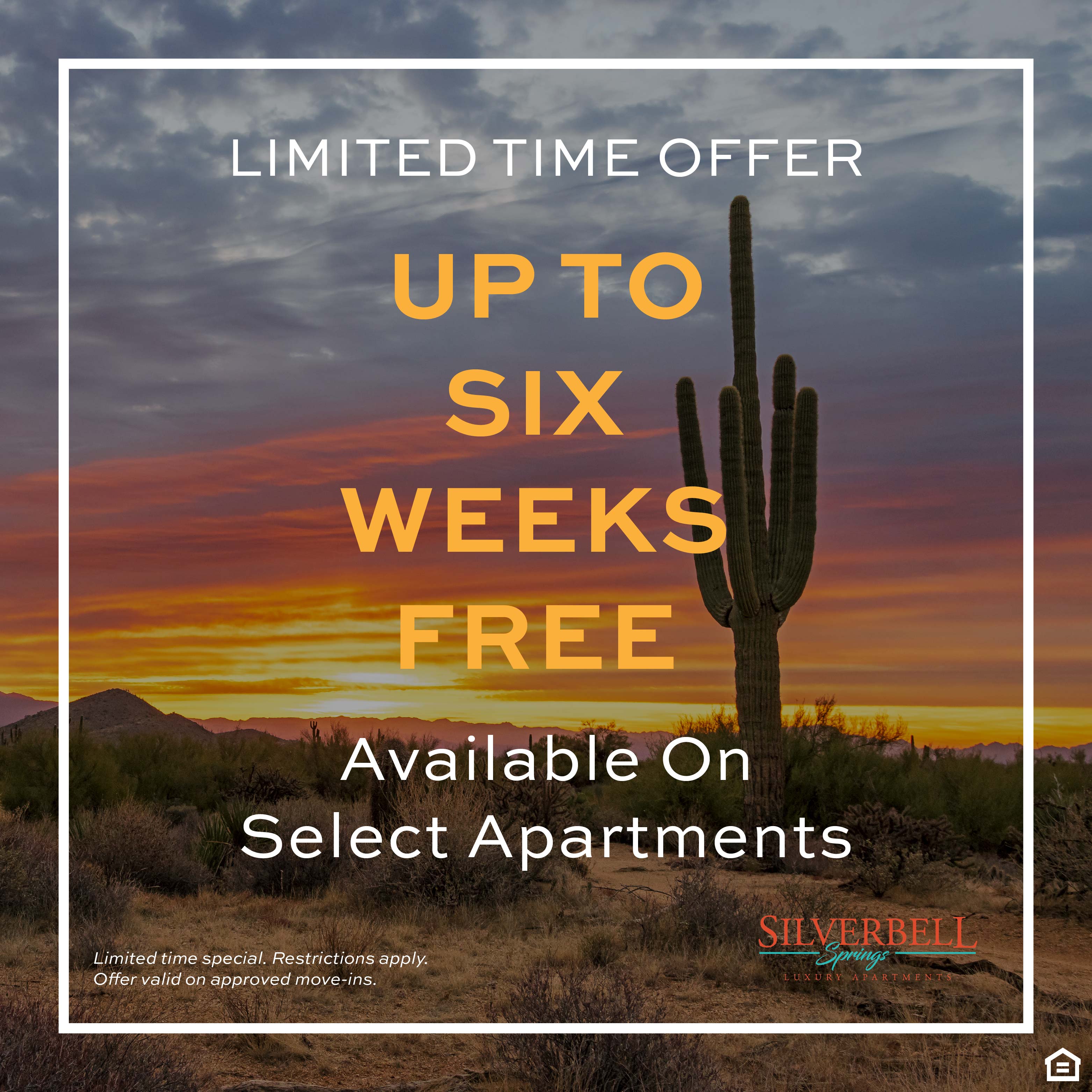 Promotion Receive SIX WEEKS FREE on select apartments! Limited time offer.