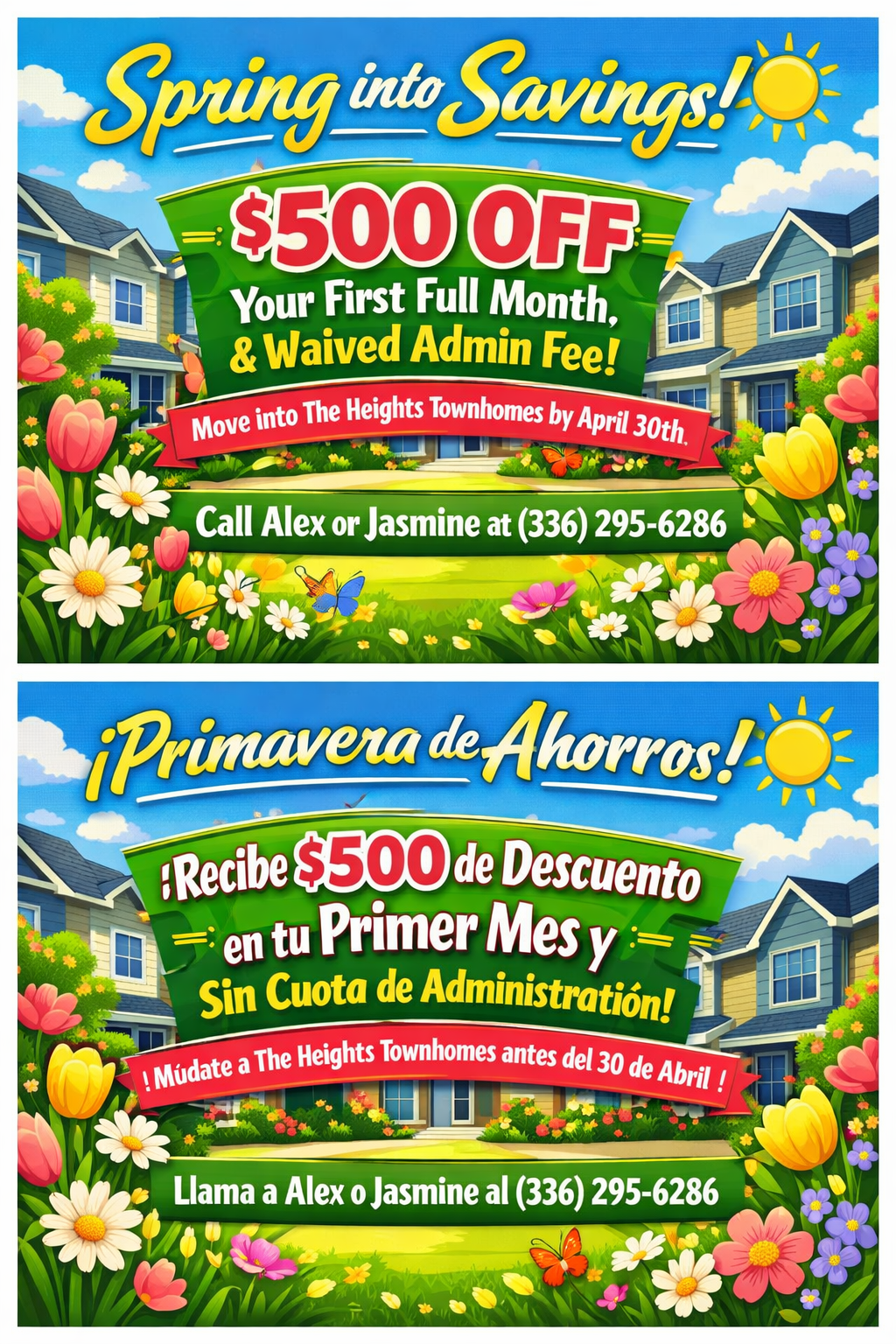 Claim $500 off your first full month and a waived admin fee. Move into The Heights Townhomes by April 30th.