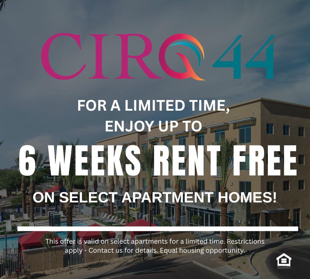 marketing promotional graphic background is an ariel view of the community exterior and pool area text reads for a limited time, enjoy up to 6 weeks rent free on select apartment homes This offer is valid on select apartments for a limited time Restrictions apply Contact us for details Equal housing opportunity