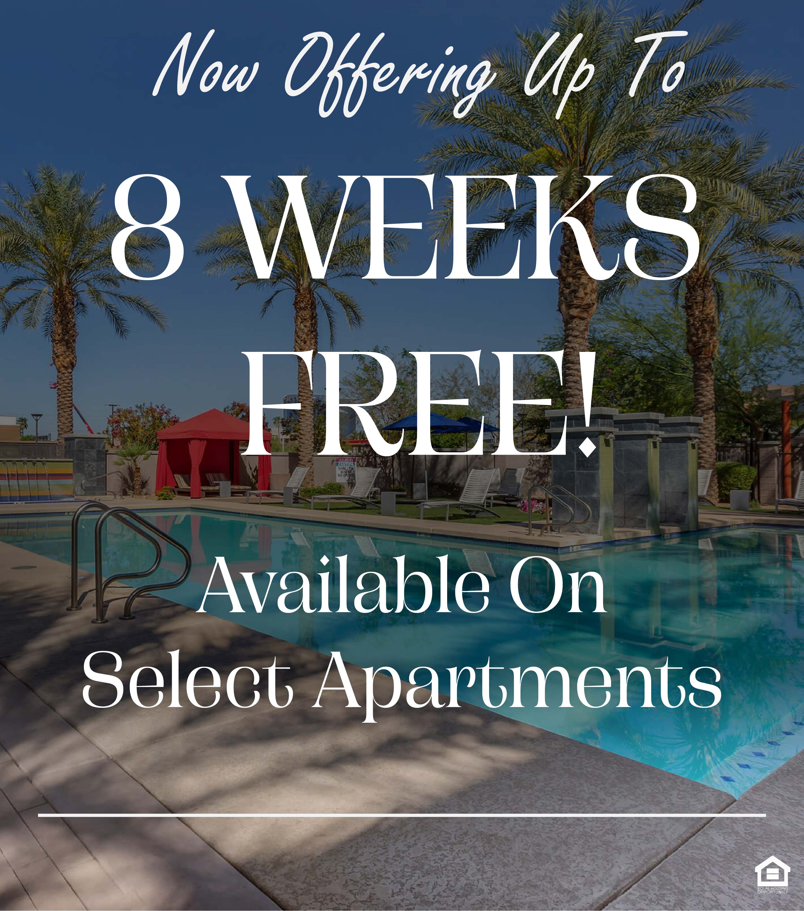 A tranquil outdoor pool area surrounded by tall palm trees, featuring colorful cabanas in red and blue. The text on the image says "Now offering up to 8 weeks free. Available on select apartments"