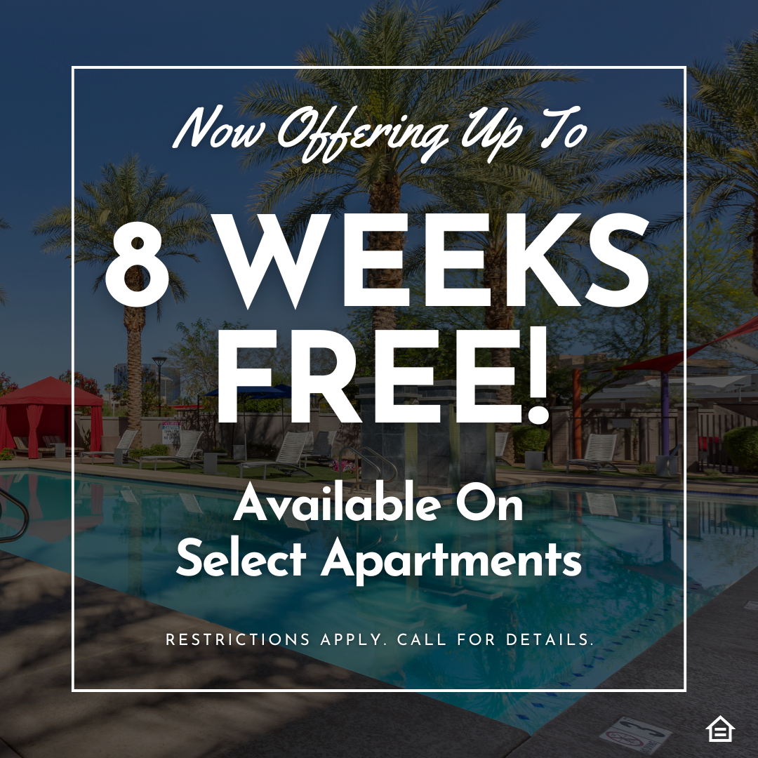 Promotional graphic showing a sunny pool area with palm trees and lounge chairs. The text over the image reads: “Now Offering Up To 8 Weeks Free! Available On Select Apartments. Restrictions Apply. Call For Details.” The design has a clean white border and bold typography emphasizing the “6 Weeks Free” offer.