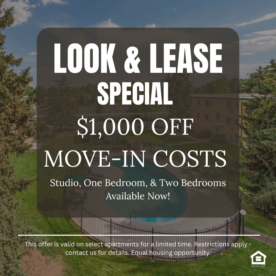 Promotional Graphic ariel pool view with green grass and trees around. Text reads "LOOK & LEASE SPECIAL. $1,000 OFF  MOVE-IN COSTS. Studio, One Bedroom, & Two Bedrooms Available Now! This offer is valid on select apartments for a limited time. Restrictions apply - contact us for details. Equal housing opportunity."