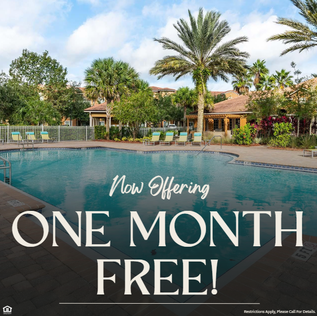 A picture of an apartment pool with palm trees and lounge chairs. Now offering one month free! Restrictions apply, please call for details.