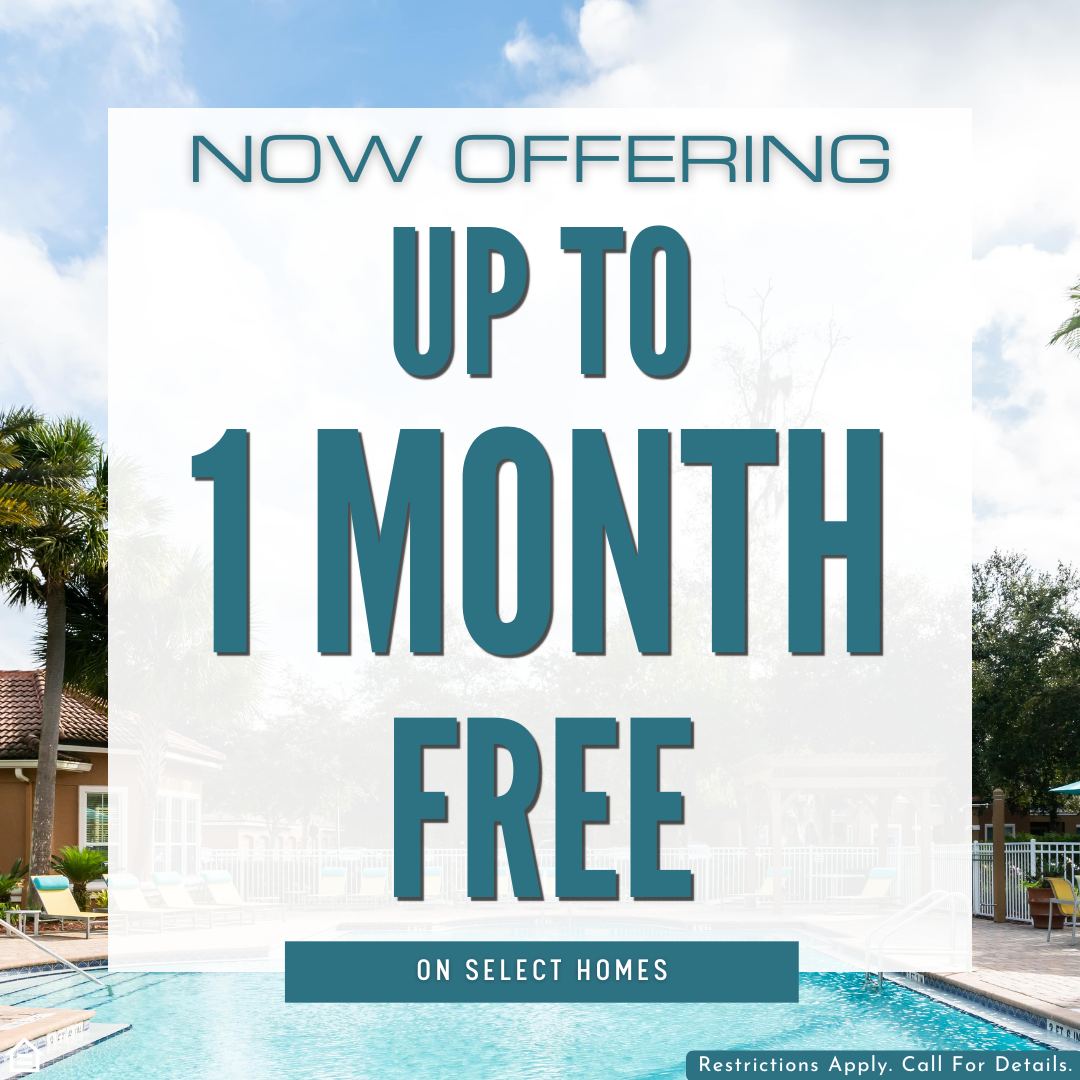Promotional graphic reading “Now Offering Up to 1 Month Free on Select Homes,” over a background image of an apartment community pool with palm trees and lounge chairs.