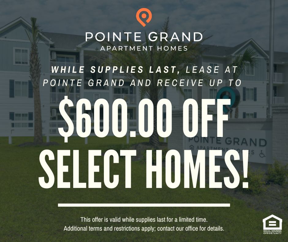 Pointe Grand Apartment Homes. While supplies last, lease at Pointe Grand and receive up to $600.00 off select homes!  This offer is valid while supplies last for a limited time.  Additional terms and restrictions apply; contact our office for details. Equal Housing Opportunity
