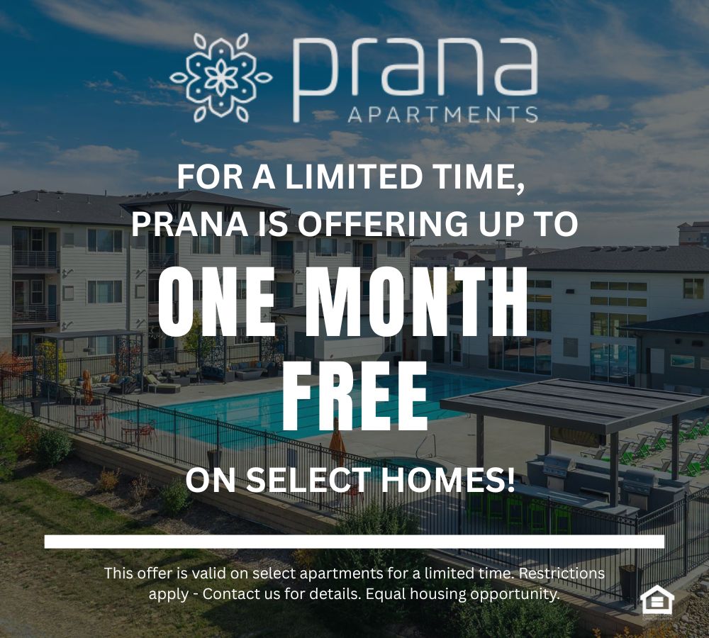 Promotional graphic of community text reads for a limited time Prana is offering up to one month free on select home This offer is valid on select apartments for a limited time. Restrictions apply - Contact us for details. Equal housing opportunity.