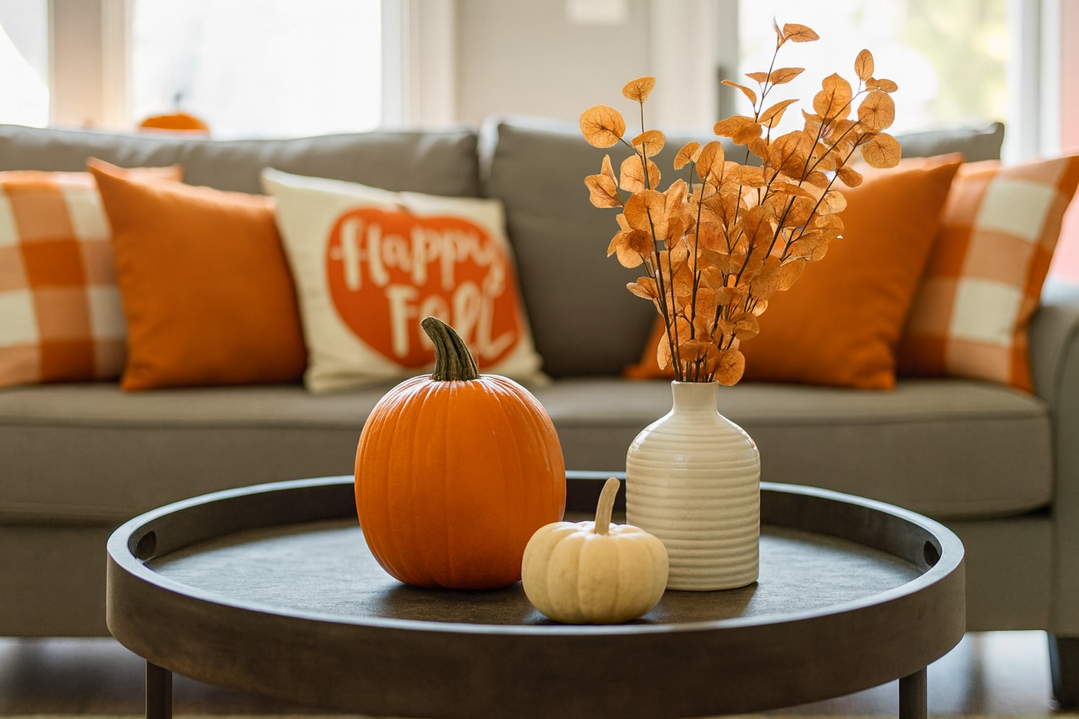 apartment living room with fall decorations