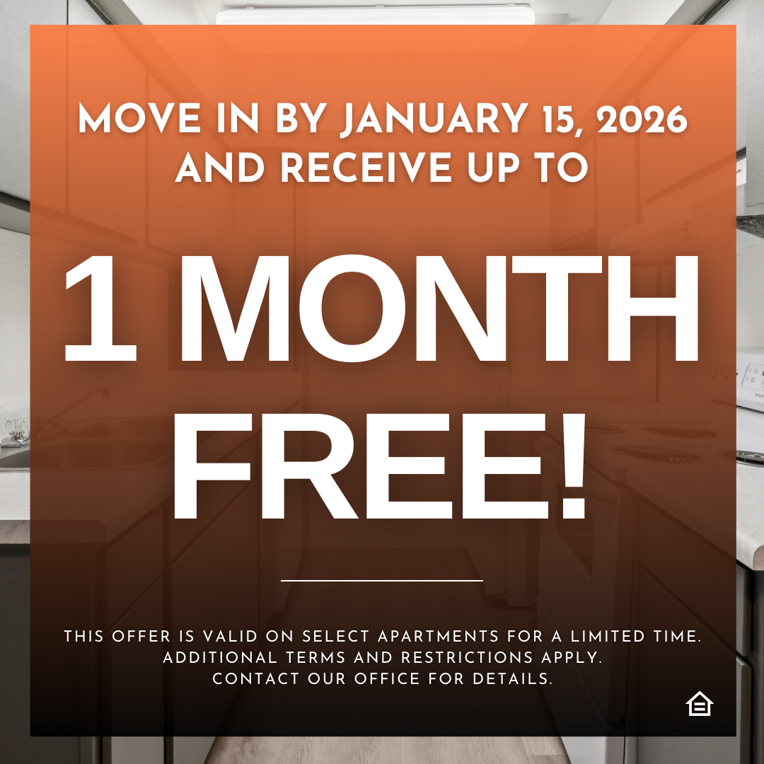 Promotional graphic announcing “1 Month Free” rent when you move in by January 15, 2026, displayed over a modern apartment kitchen interior, with fine print noting the offer is valid on select apartments for a limited time and restrictions apply.