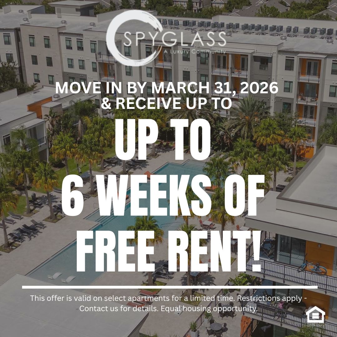Marketing promotional graphic text reads move in by march 31st 2026 and receive up to 6 weeks of free rent This offer is valid on select apartments for a limited time Restrictions apply Contact us for details Equal housing opportunity