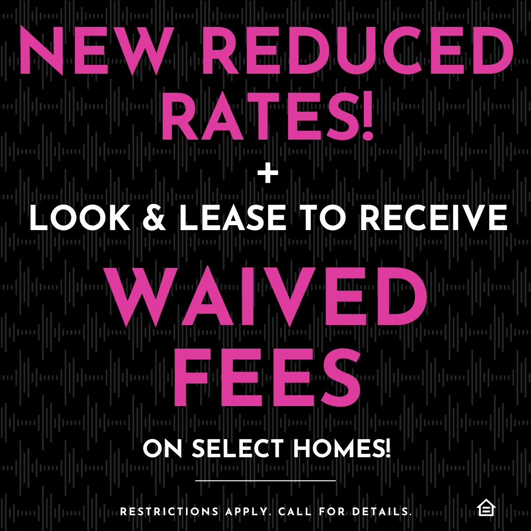 Promotional graphic with a black background featuring a subtle vertical line pattern. Large bold pink text reads “NEW REDUCED RATES!” followed by a white plus sign and the line “LOOK & LEASE TO RECEIVE” in white. Below, large pink text says “WAIVED FEES,” with smaller white text underneath reading “ON SELECT HOMES!” The bottom line states “Restrictions apply. Call for details.” A small equal housing icon appears in the lower right corner.
