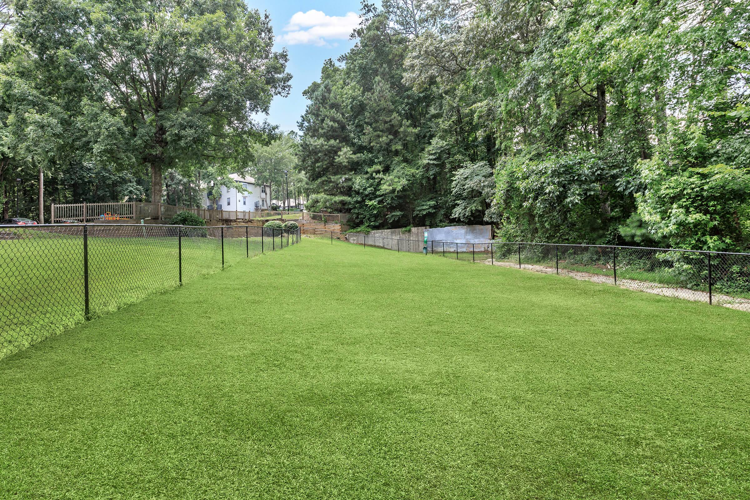 View of a grassy area enclosed by a black chain-link fence, with trees on either side and a house in the background. The scene is bright and well-maintained, showcasing a serene outdoor space in a residential setting.