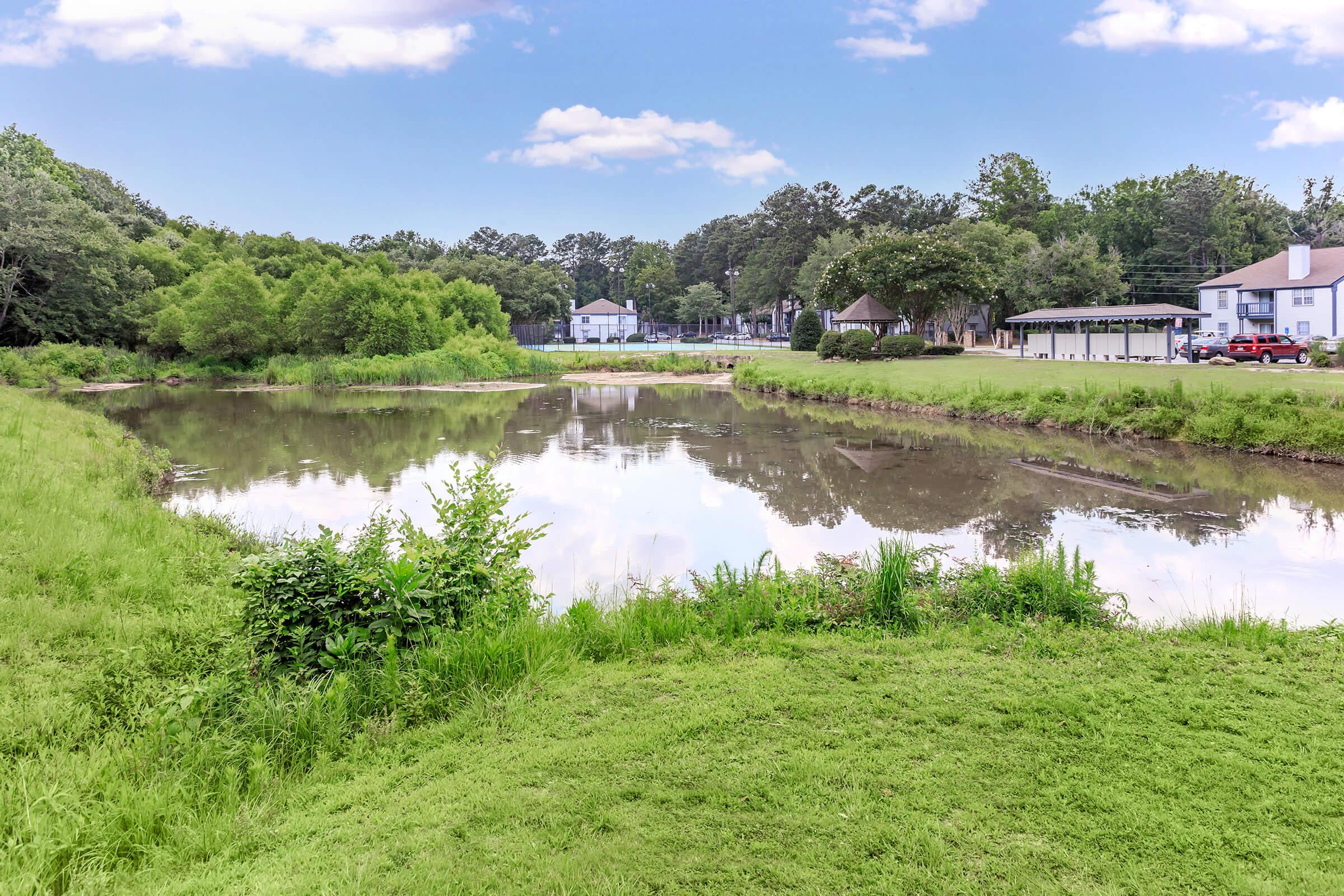 A serene landscape featuring a calm pond surrounded by lush green grass and trees. In the background, there are a few buildings peeking through the foliage. The sky is bright with scattered clouds, creating a peaceful, natural setting.