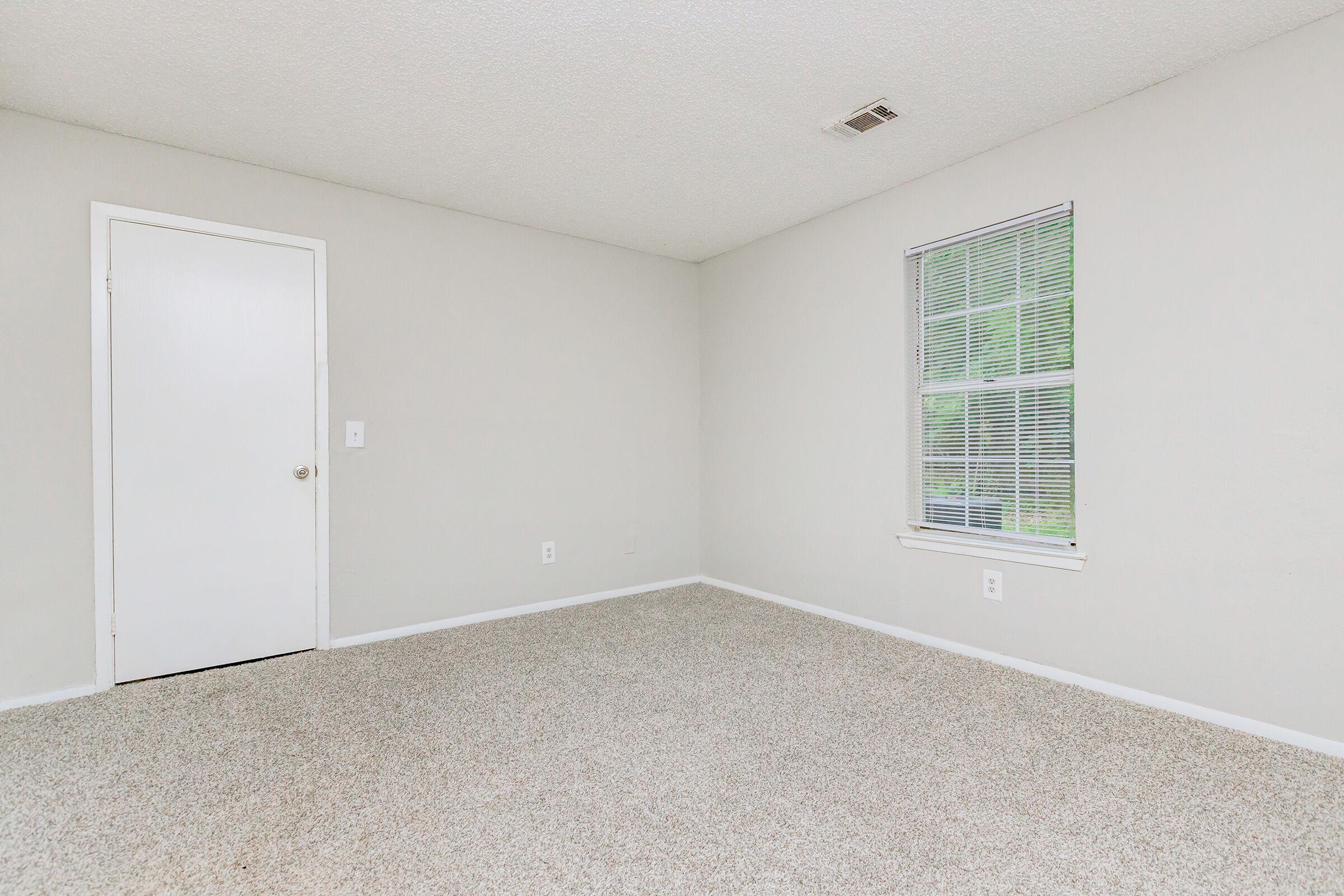 A spacious, empty room with light gray walls and a carpeted floor. There is a single white door on the left side and a window on the right with blinds. The room has no furniture, creating a clean and minimalistic look, perfect for various uses.