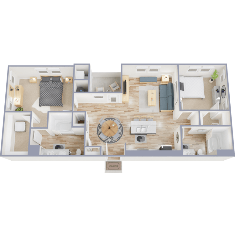 Plan 2B, a 2 bedroom 2 bathroom floor plan.