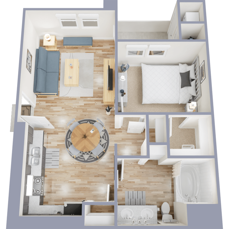 Plan 1A, a 1 bedroom 1 bathroom floor plan.