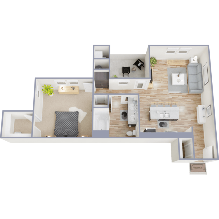 Plan 1C, a 1 bedroom 1 bathroom floor plan.