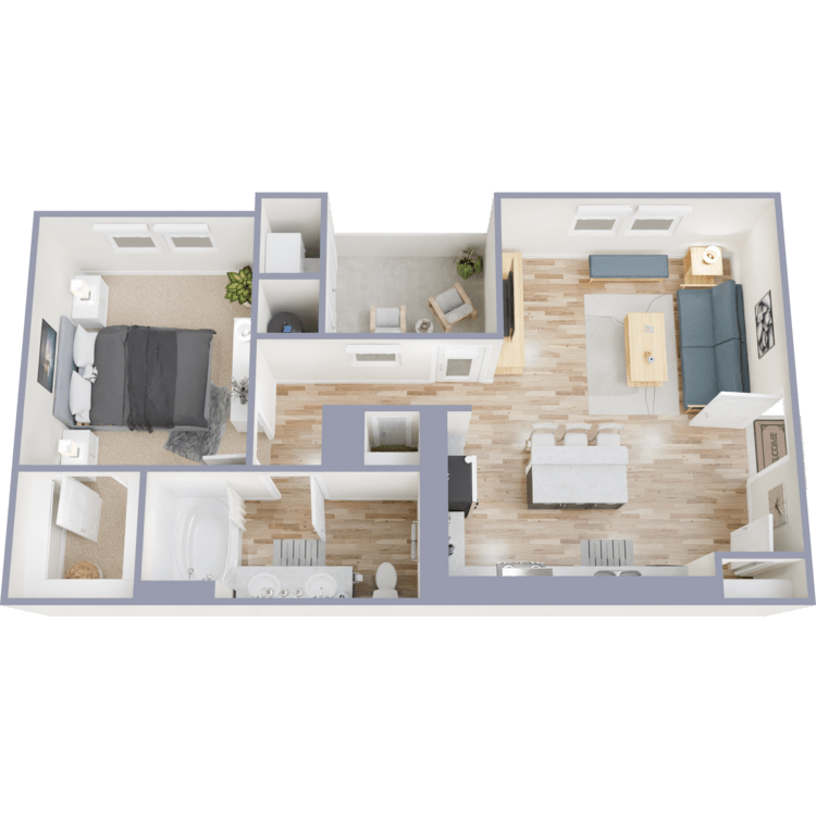 Plan 1B, a 1 bedroom 1 bathroom floor plan.