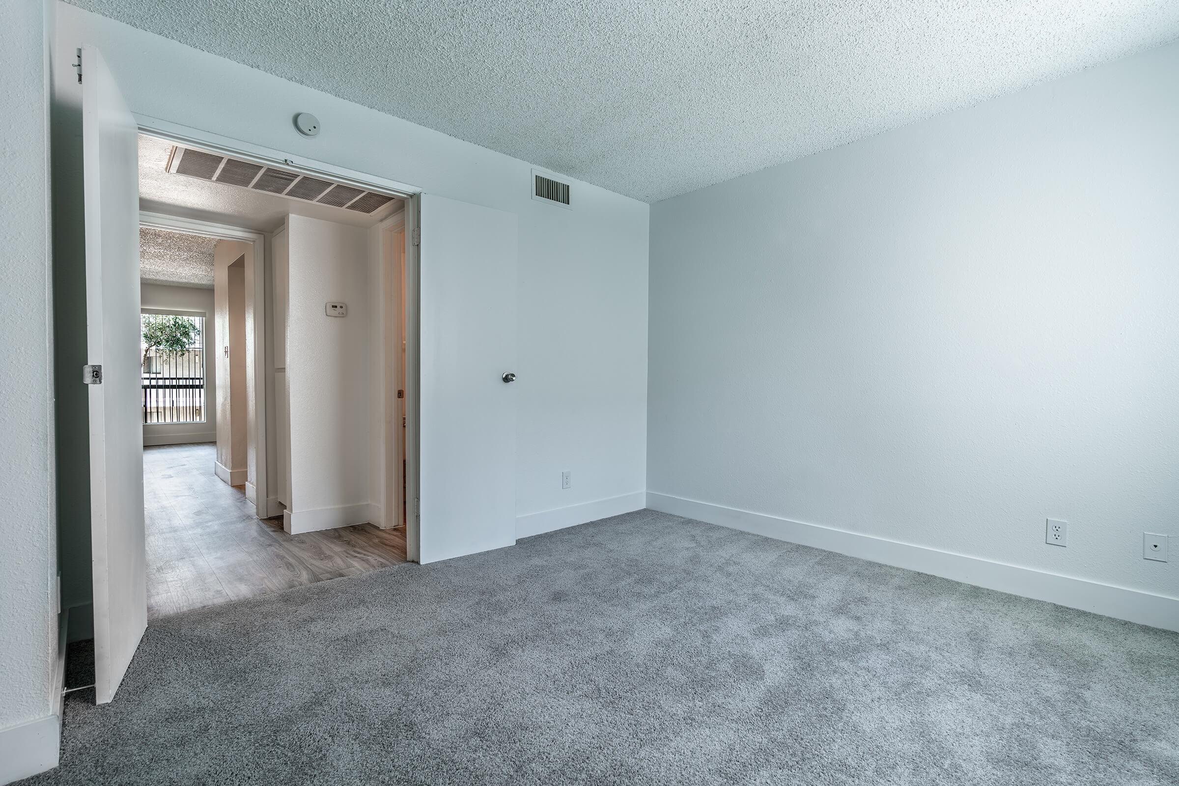 Large spacious main bedroom with grey carpet and white walls