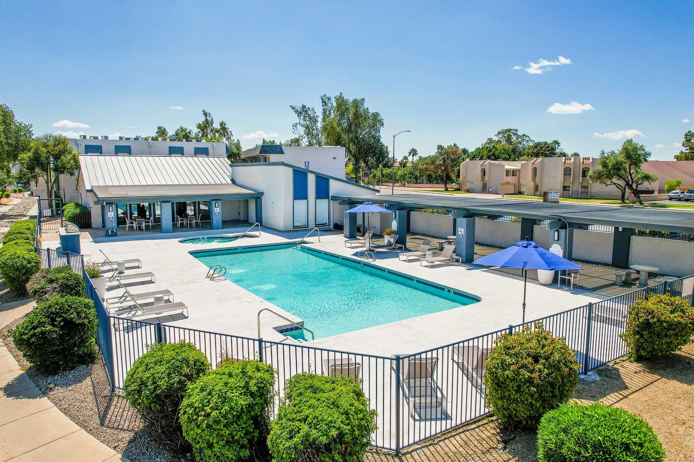 a pool next to a building