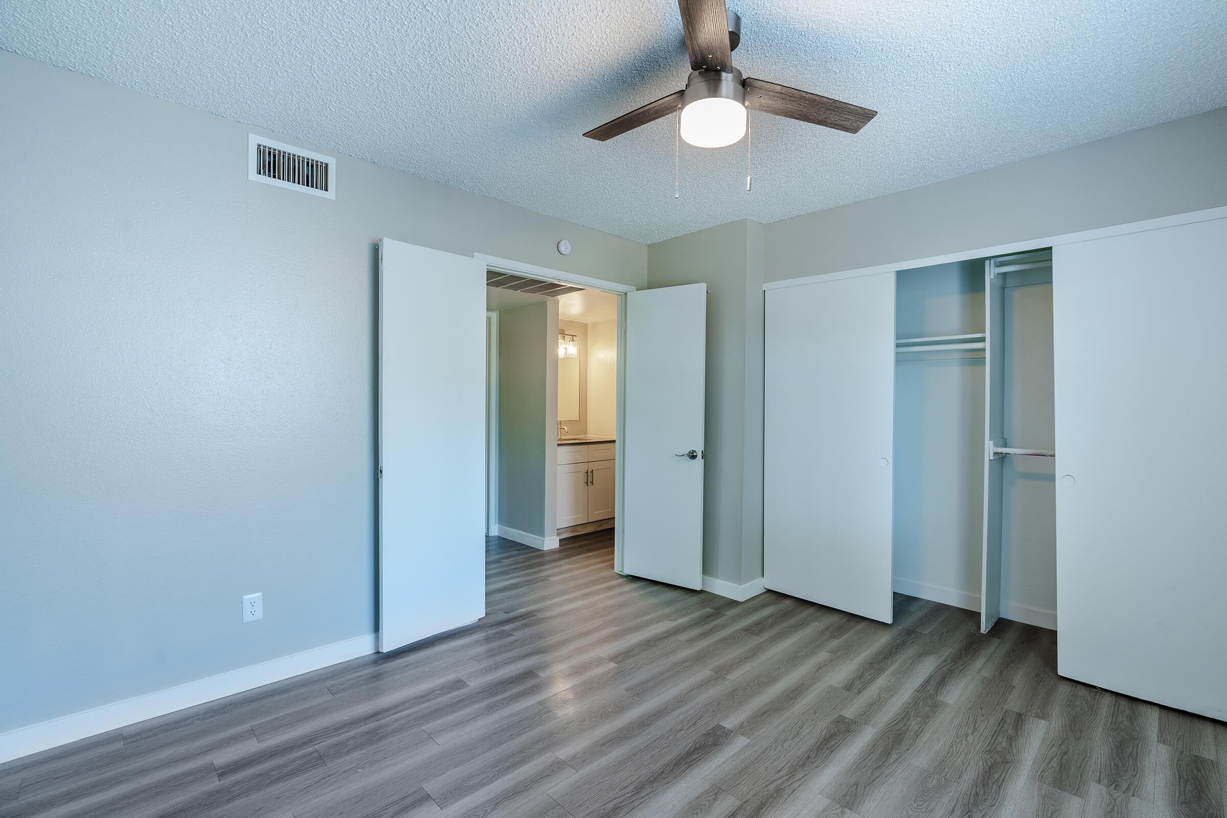 Large modern renovated bedroom with large closet and ceiling fan