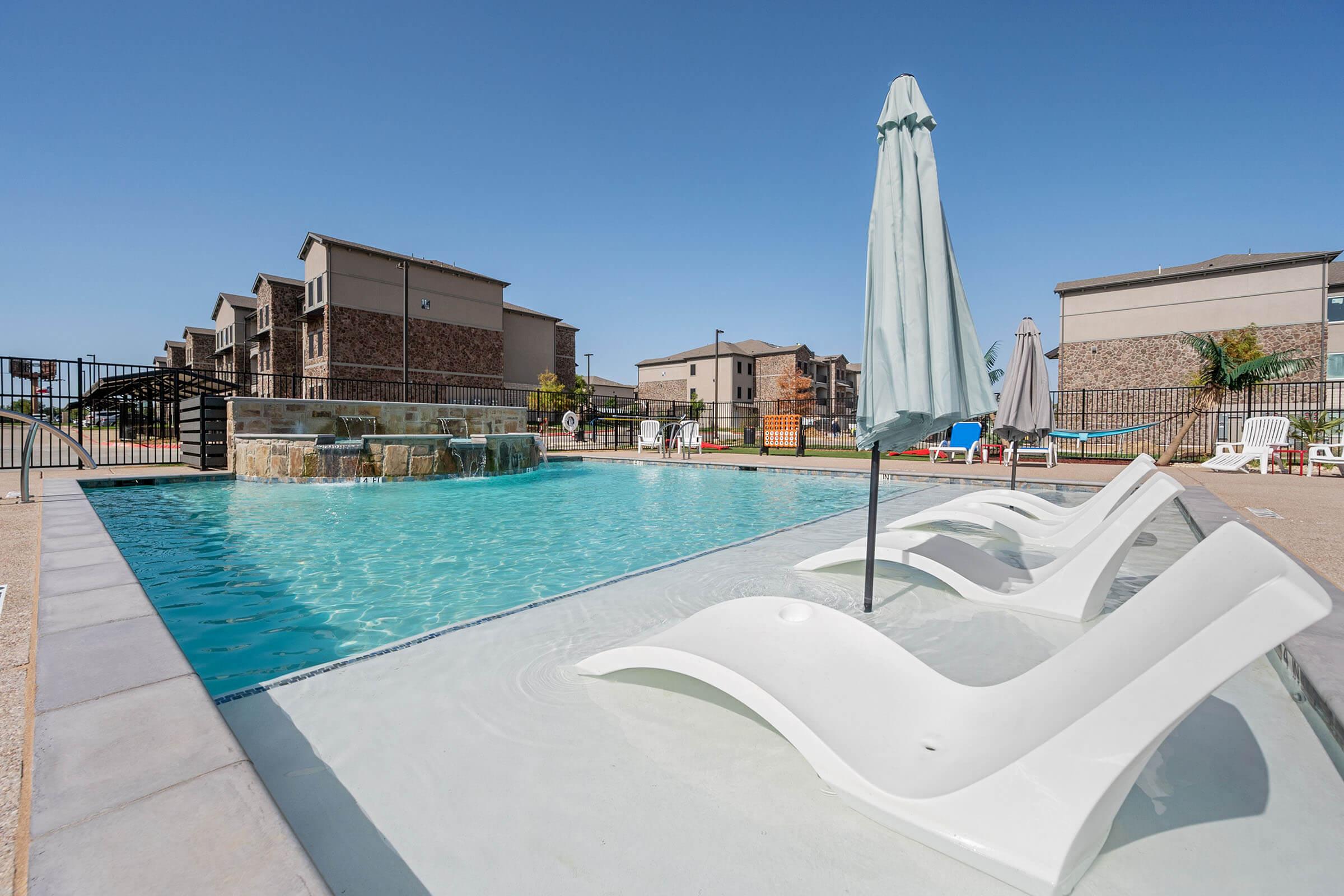 a pool next to a building