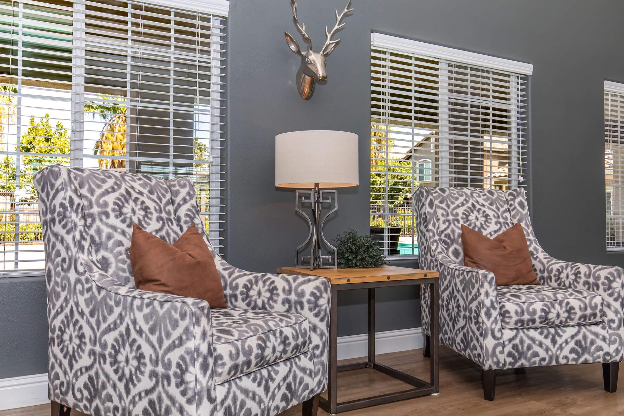 Two upholstered armchairs with a decorative gray and white pattern, each with a brown throw pillow, are positioned next to a small wooden side table. A modern lamp sits on the table, and a small potted plant is on display. Sunlight filters through the window blinds, illuminating the inviting living space.