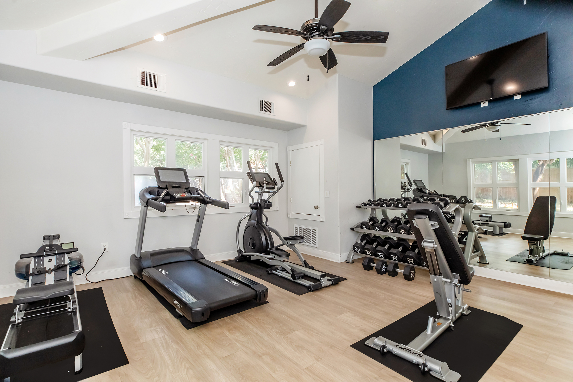 A home gym featuring a treadmill, elliptical machine, weight bench, and free weights. Large mirrors reflect the equipment, and natural light comes in through the windows. The decor is modern with a ceiling fan and a wall-mounted television. The flooring is light wood, creating an inviting atmosphere for workouts.