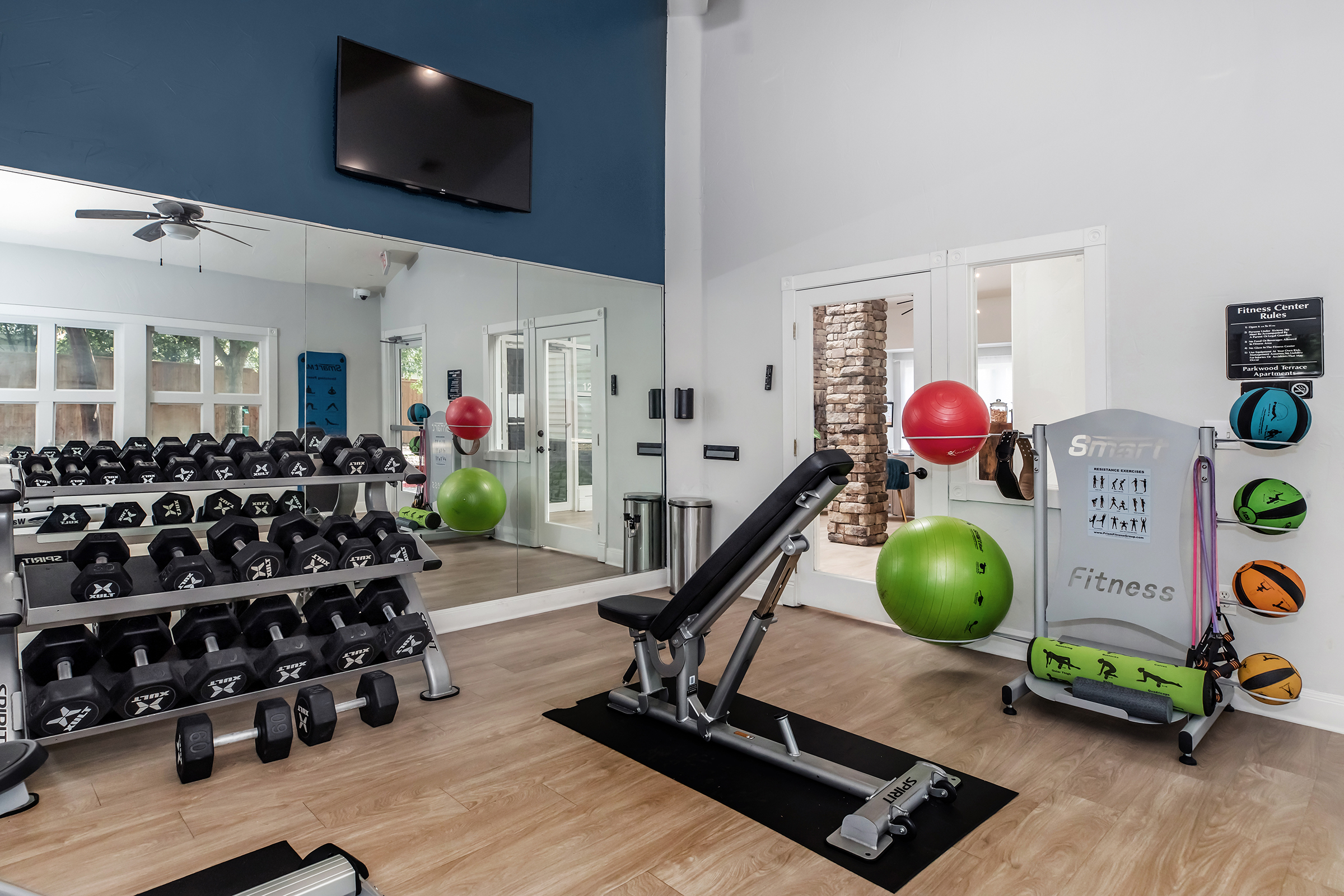 A bright and modern home gym featuring a rack of dumbbells, a weight bench, a fitness mat, and exercise balls. Large windows provide natural light, and a wall-mounted TV is visible. The space is organized and inviting, ideal for workouts. A mirror reflects the equipment, enhancing the sense of openness.
