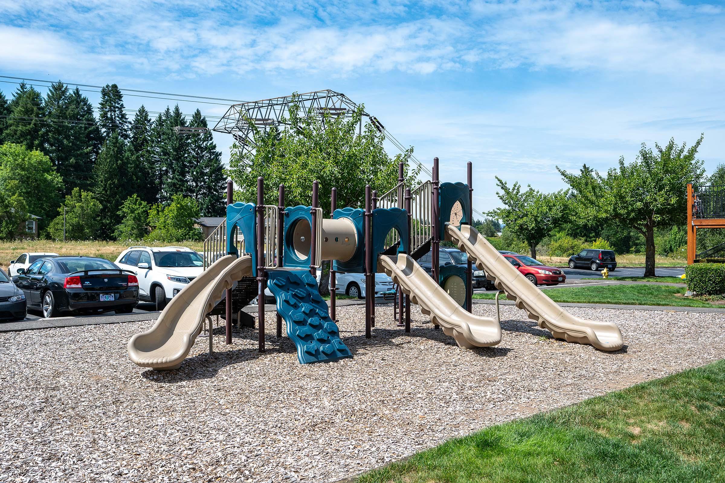 A colorful playground featuring two large slides, climbing structures, and a variety of play elements, set on a bed of wood chips. Surrounding the playground are green trees and parked cars in a grassy area under a clear blue sky.