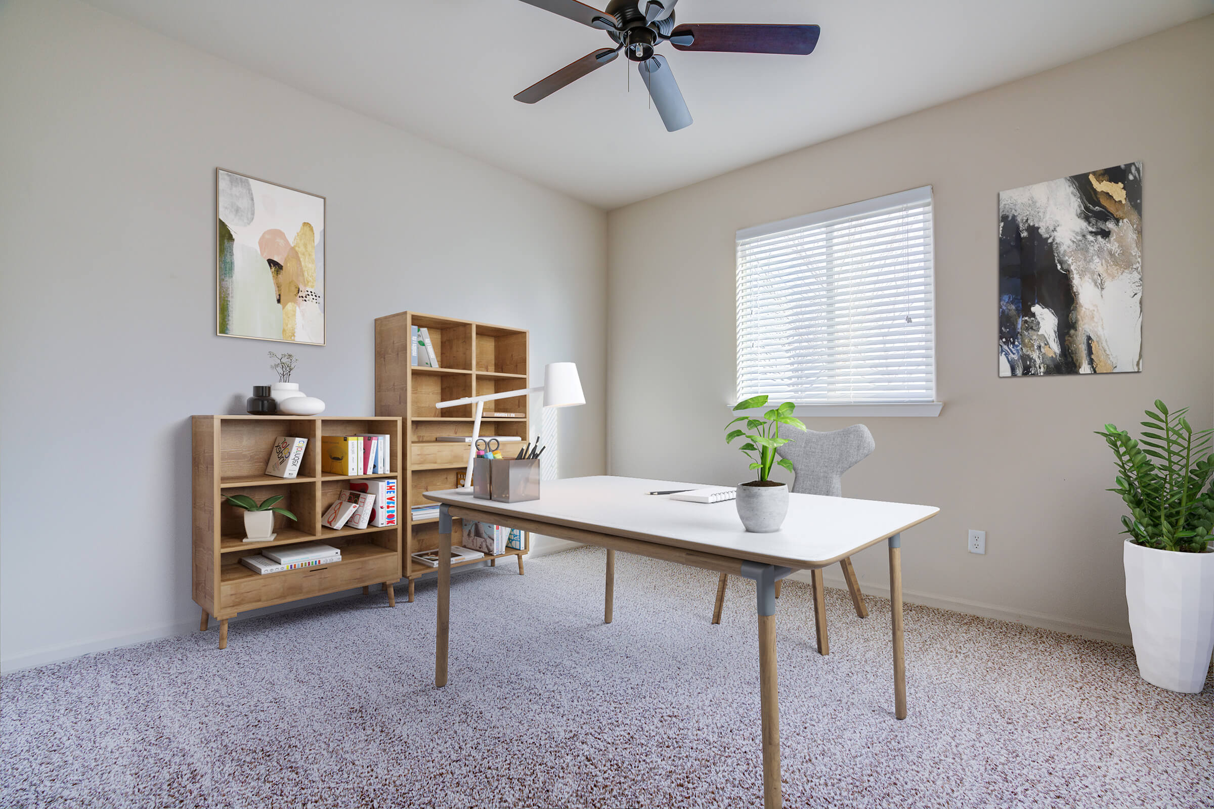 staged office with ceiling fan