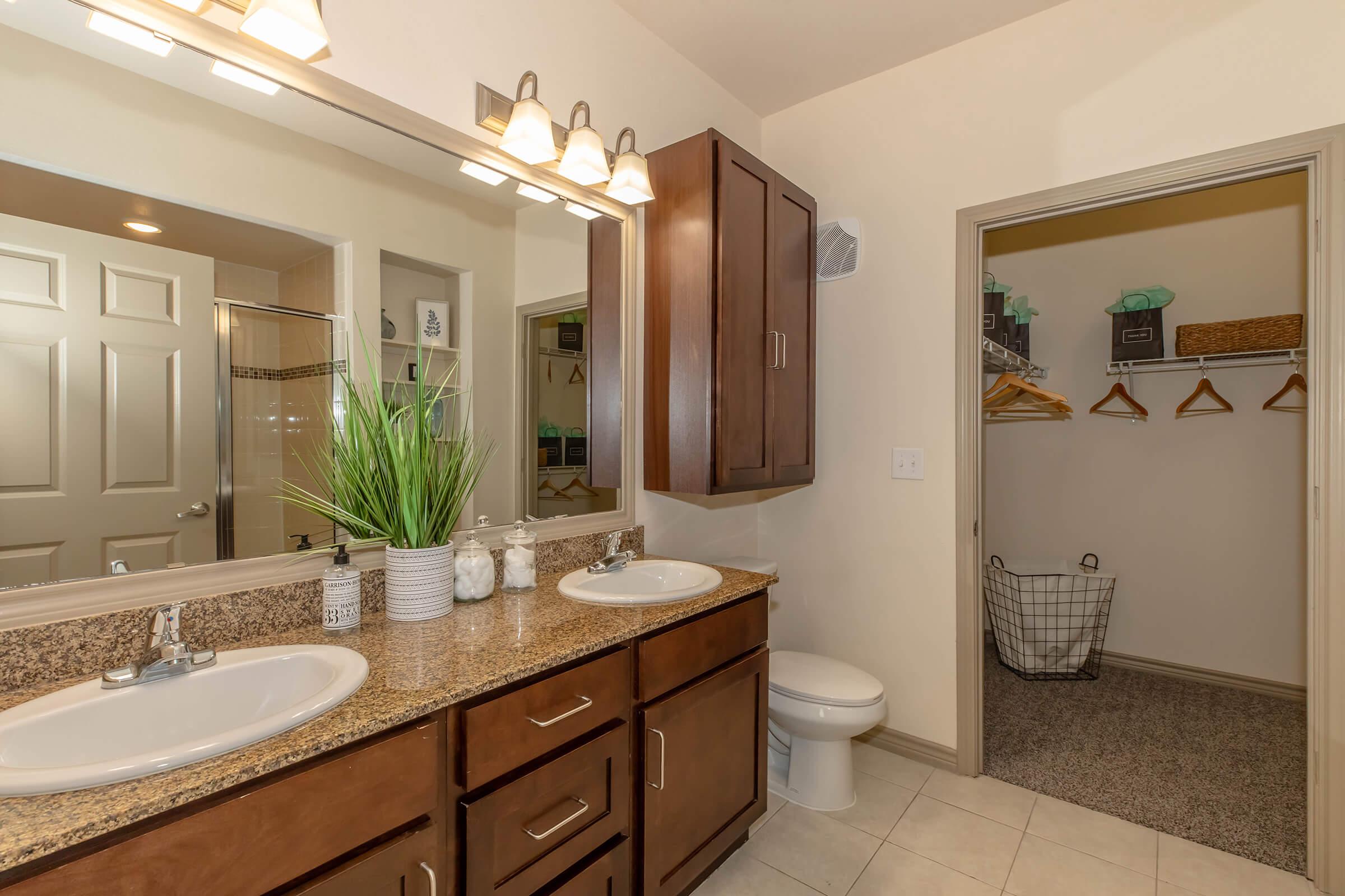 A spacious bathroom featuring dual sinks with a granite countertop, wooden cabinets, a large mirror, and stylish lighting. In the background, a closet with hanging space and shelving is visible, alongside a shower area. The decor includes potted plants for a fresh touch.