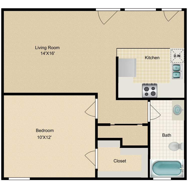 Floor plan image of 1 Bed 1 Bath-Large